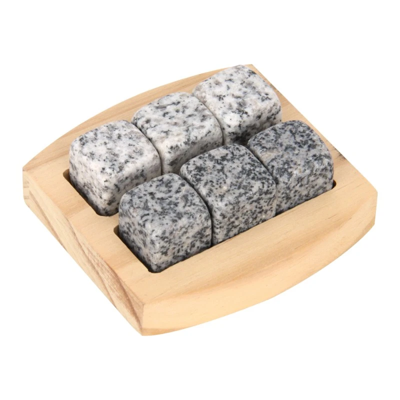 Set mit 6 quadratischen Whiskey-Steinen aus Granit mit Sockel aus Kiefernholz
