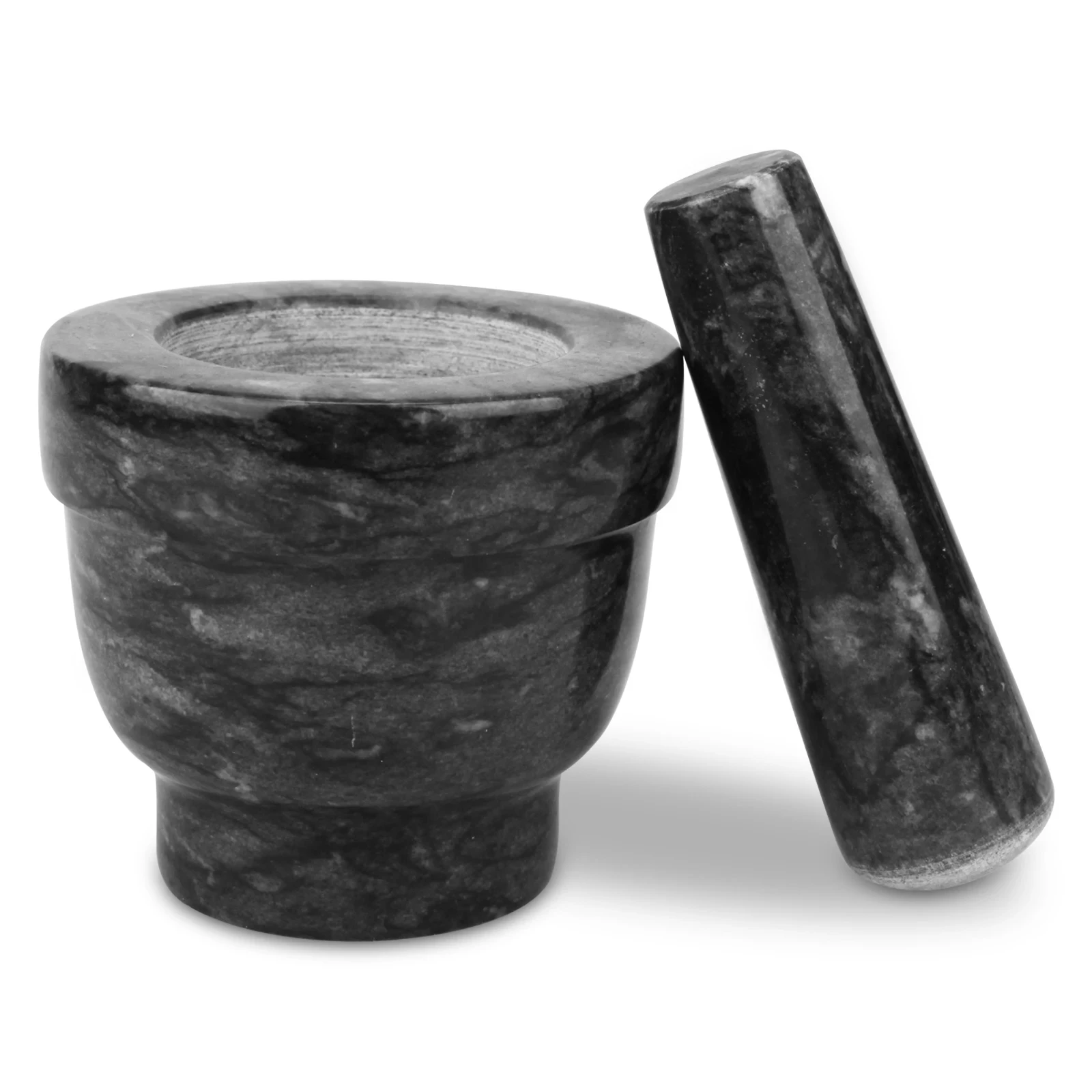 M&ouml;rser aus schwarzem grauem Marmor und St&ouml;&szlig;el D8x7,5cm H