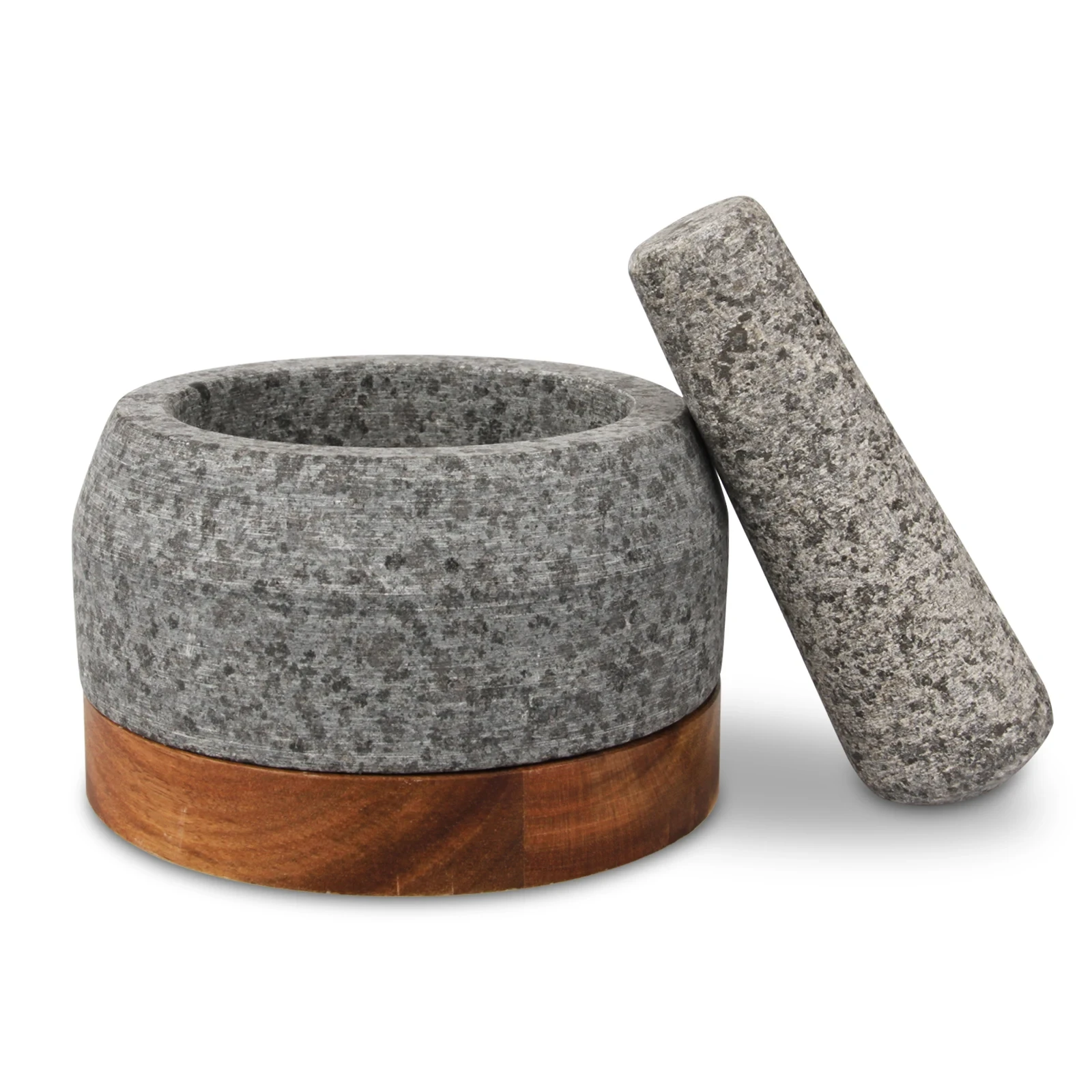 Granit-M&ouml;rser und St&ouml;&szlig;el mit mattierter Oberfl&auml;che und Akazienhalter 14x9,5