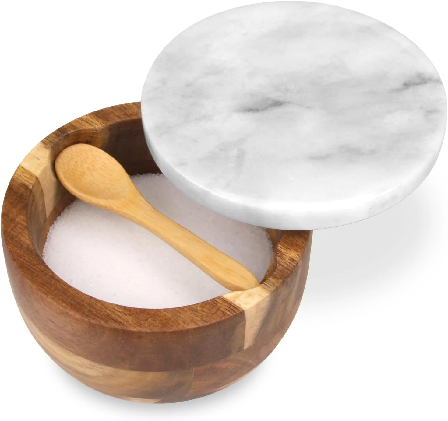 Salzkeller aus Akazienholz mit wei&szlig;grauem Marmordeckel und Holzl&ouml;ffel