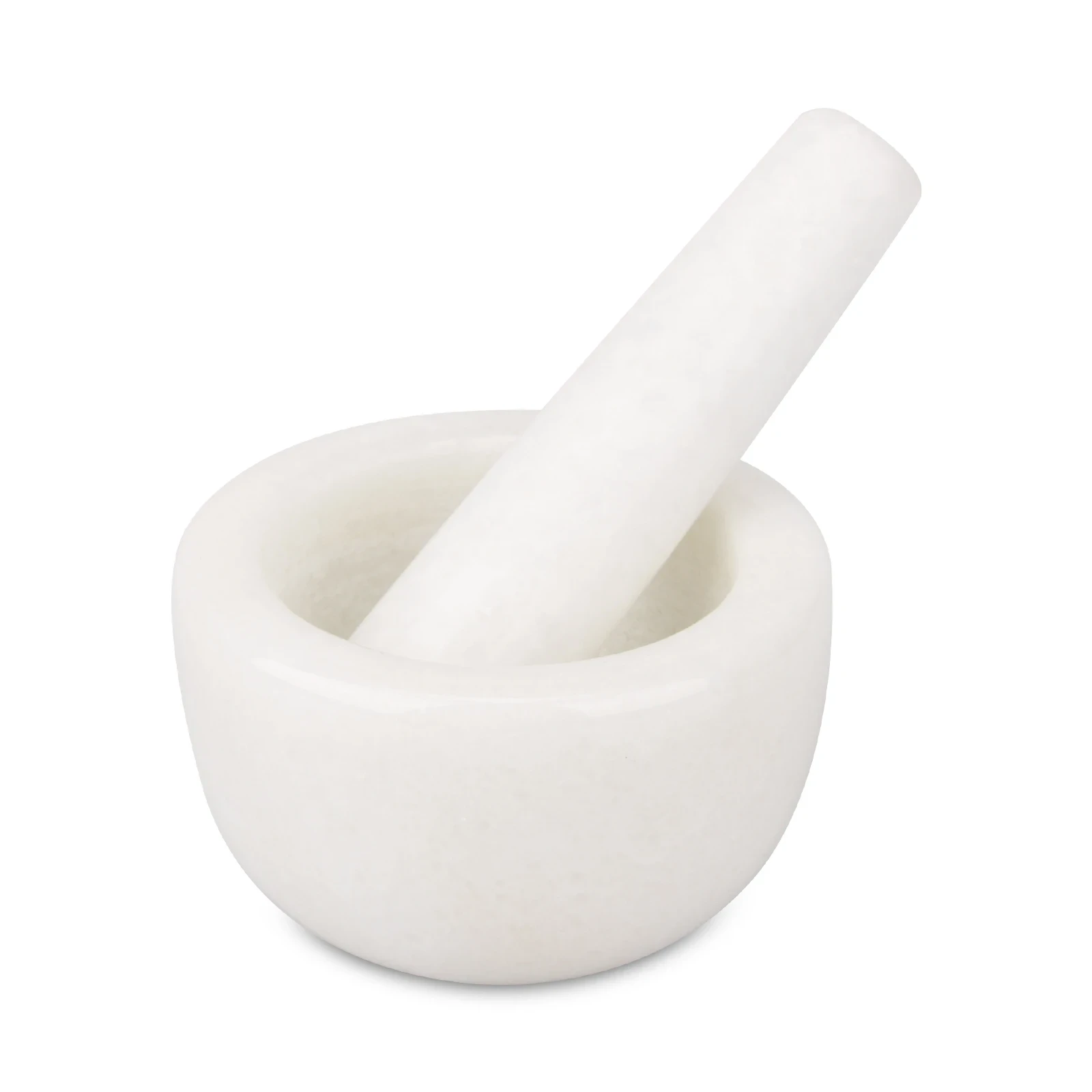 M&ouml;rser und St&ouml;&szlig;el aus wei&szlig;em, rundem Marmor, D10 x 6 cm hoch