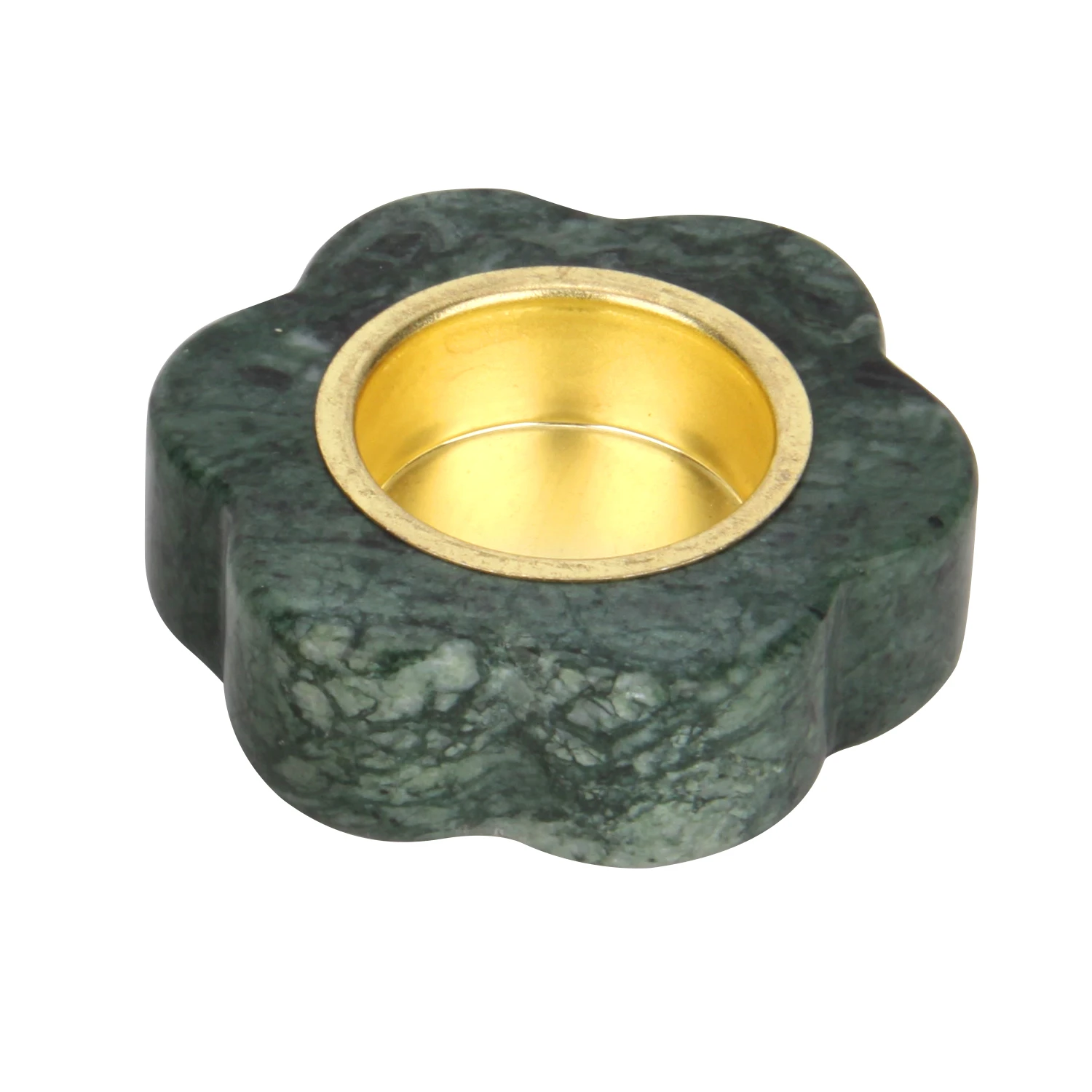 Blumenkerzenhalter aus gr&uuml;nem Marmor mit goldenem Metallhalter
