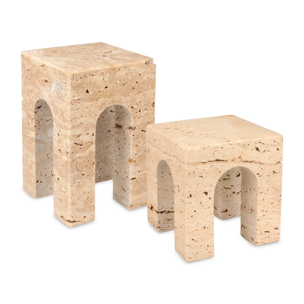 Beige 2er-Set Wohndekoration aus Travertinmarmor