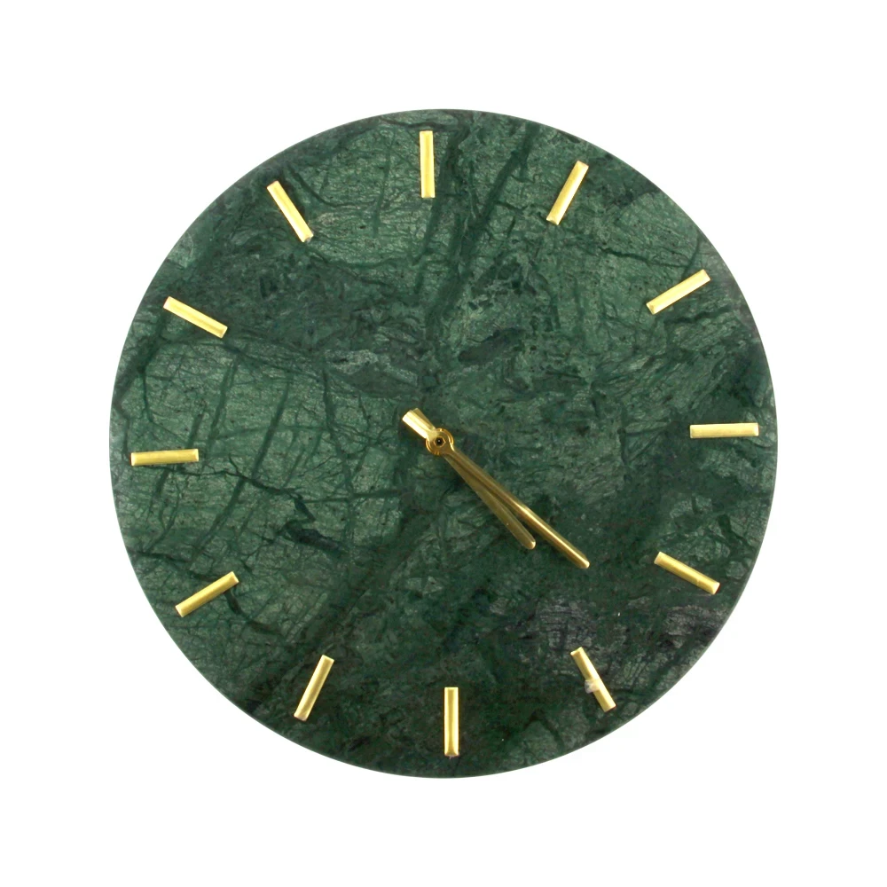 Wanduhr aus gr&uuml;nem Marmor mit goldenen Stundenmarkierungen ohne Batterie