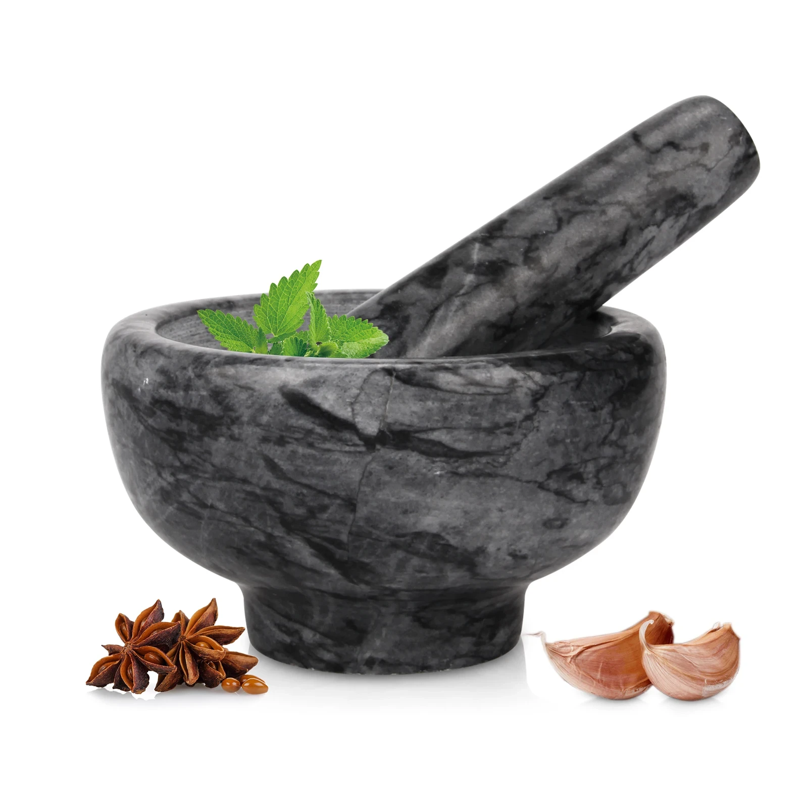 M&ouml;rser und St&ouml;&szlig;el aus schwarzem grauem Marmor, D11,5 x 6,5 cm H
