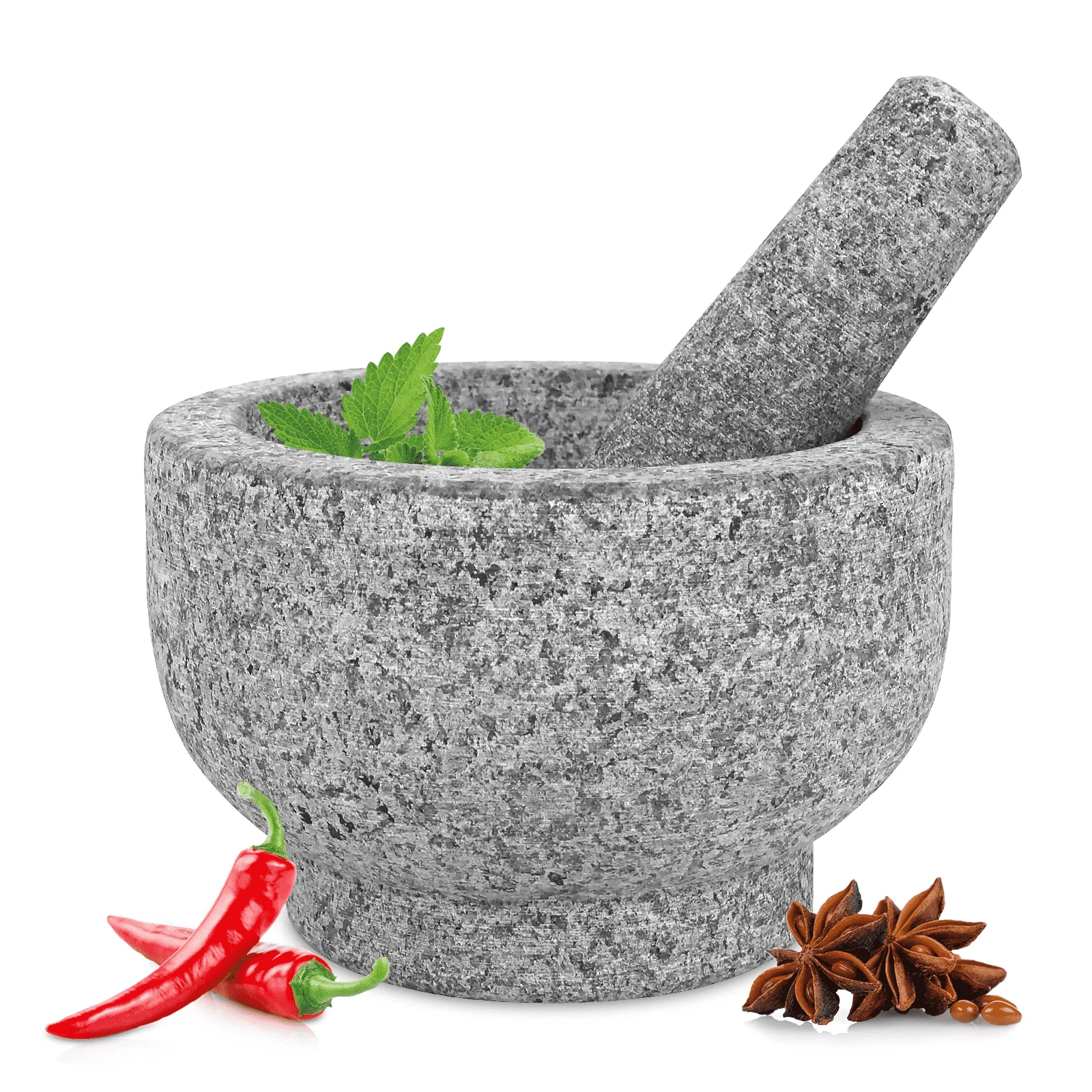 Hochwertige, unpolierte Guacamole-M&uuml;hle, Gew&uuml;rze, M&ouml;rser und St&ouml;&szlig;el aus Naturgranitstein f&uuml;r Zuhause
