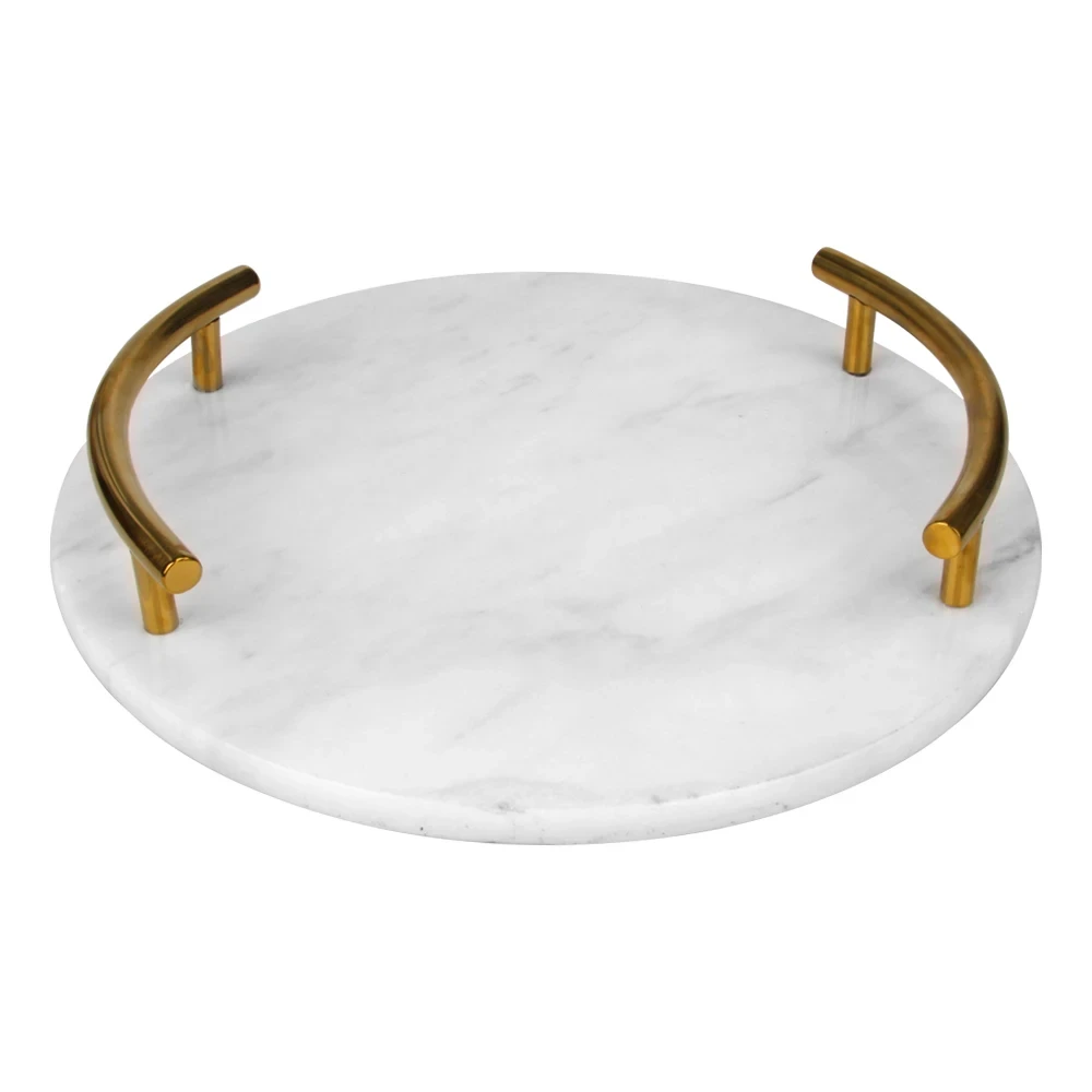 Wei&szlig;graues rundes Marmortablett mit goldenen Metallgriffen