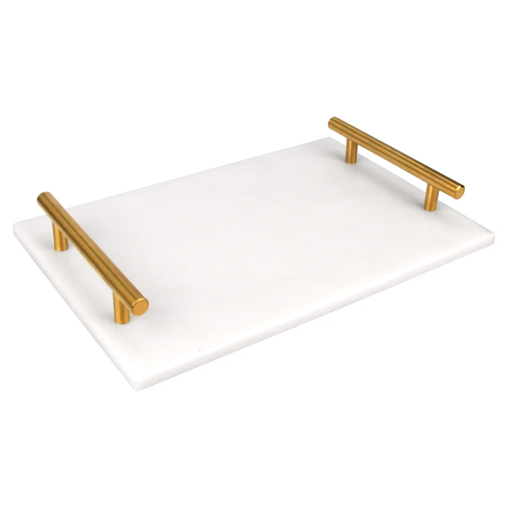 Wei&szlig;es Marmortablett mit goldenen Metallgriffen